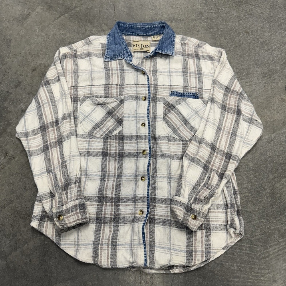Vintage Women's Flannel White Plaid Country Rodeo Button Up 100% Cotton Medium